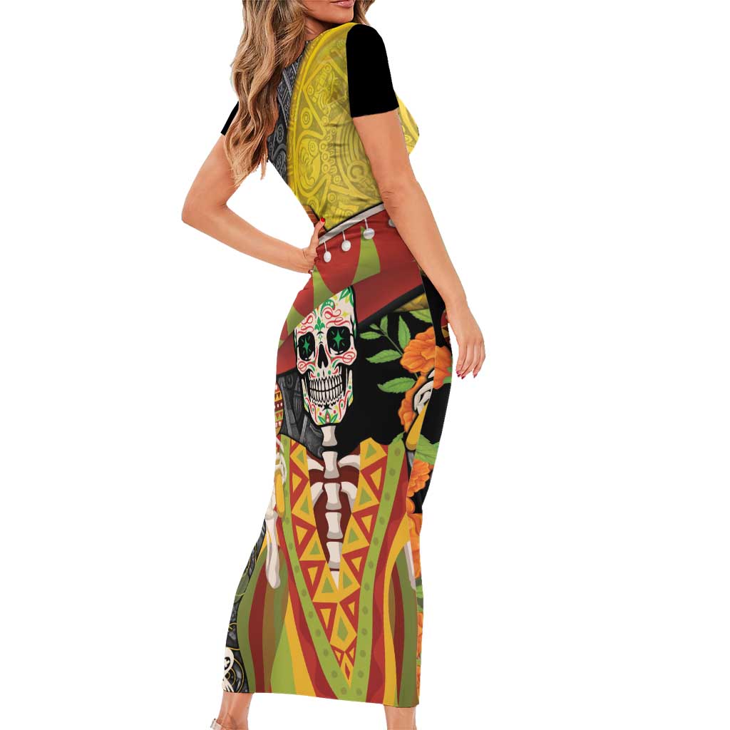 Mexico Dia De Los Muertos Short Sleeve Bodycon Dress Sugar Skull Sombrero Aztec Pattern - Wonder Print Shop