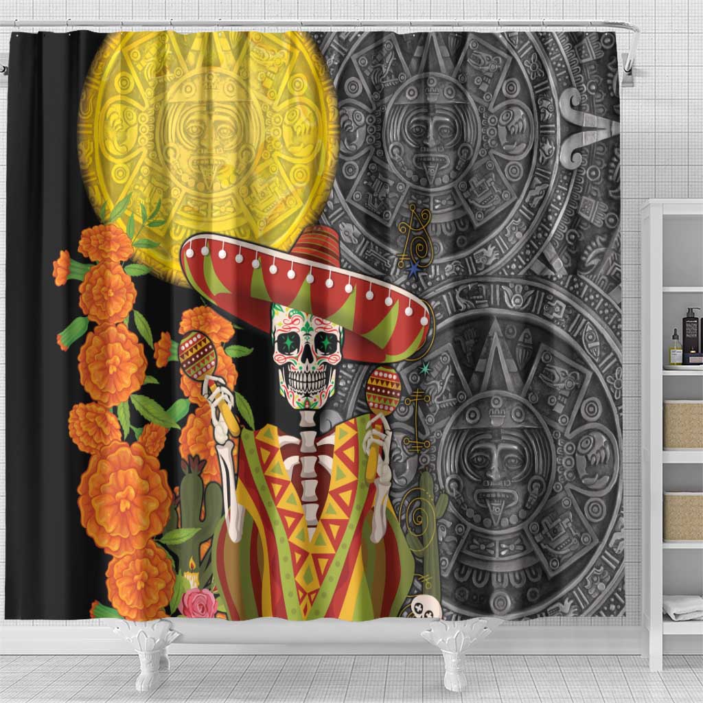 Mexico Dia De Los Muertos Shower Curtain Sugar Skull Sombrero Aztec Pattern