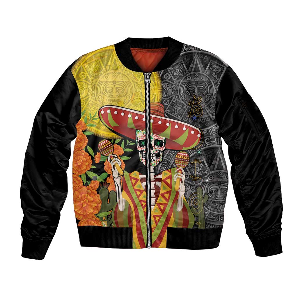 Mexico Dia De Los Muertos Sleeve Zip Bomber Jacket Sugar Skull Sombrero Aztec Pattern - Wonder Print Shop