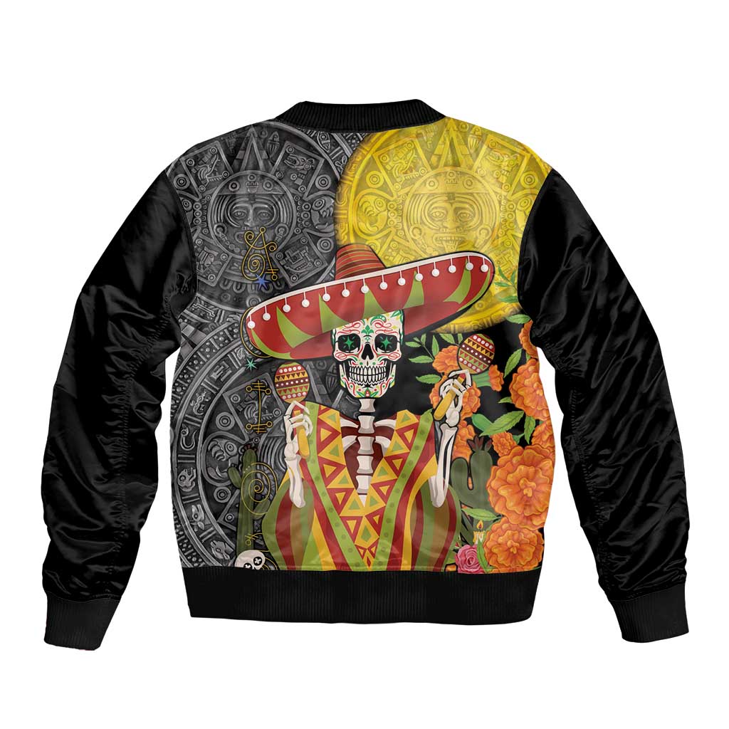 Mexico Dia De Los Muertos Sleeve Zip Bomber Jacket Sugar Skull Sombrero Aztec Pattern - Wonder Print Shop