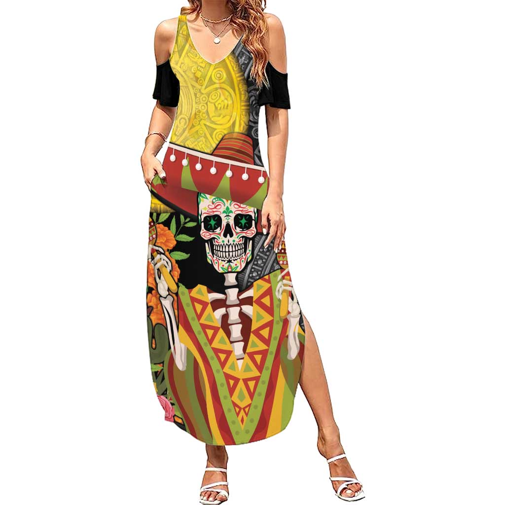Mexico Dia De Los Muertos Summer Maxi Dress Sugar Skull Sombrero Aztec Pattern - Wonder Print Shop