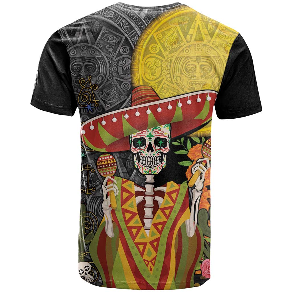 Mexico Dia De Los Muertos T Shirt Sugar Skull Sombrero Aztec Pattern - Wonder Print Shop