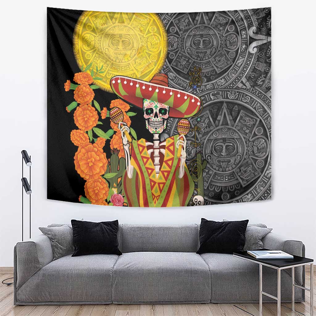 Mexico Dia De Los Muertos Tapestry Sugar Skull Sombrero Aztec Pattern - Wonder Print Shop
