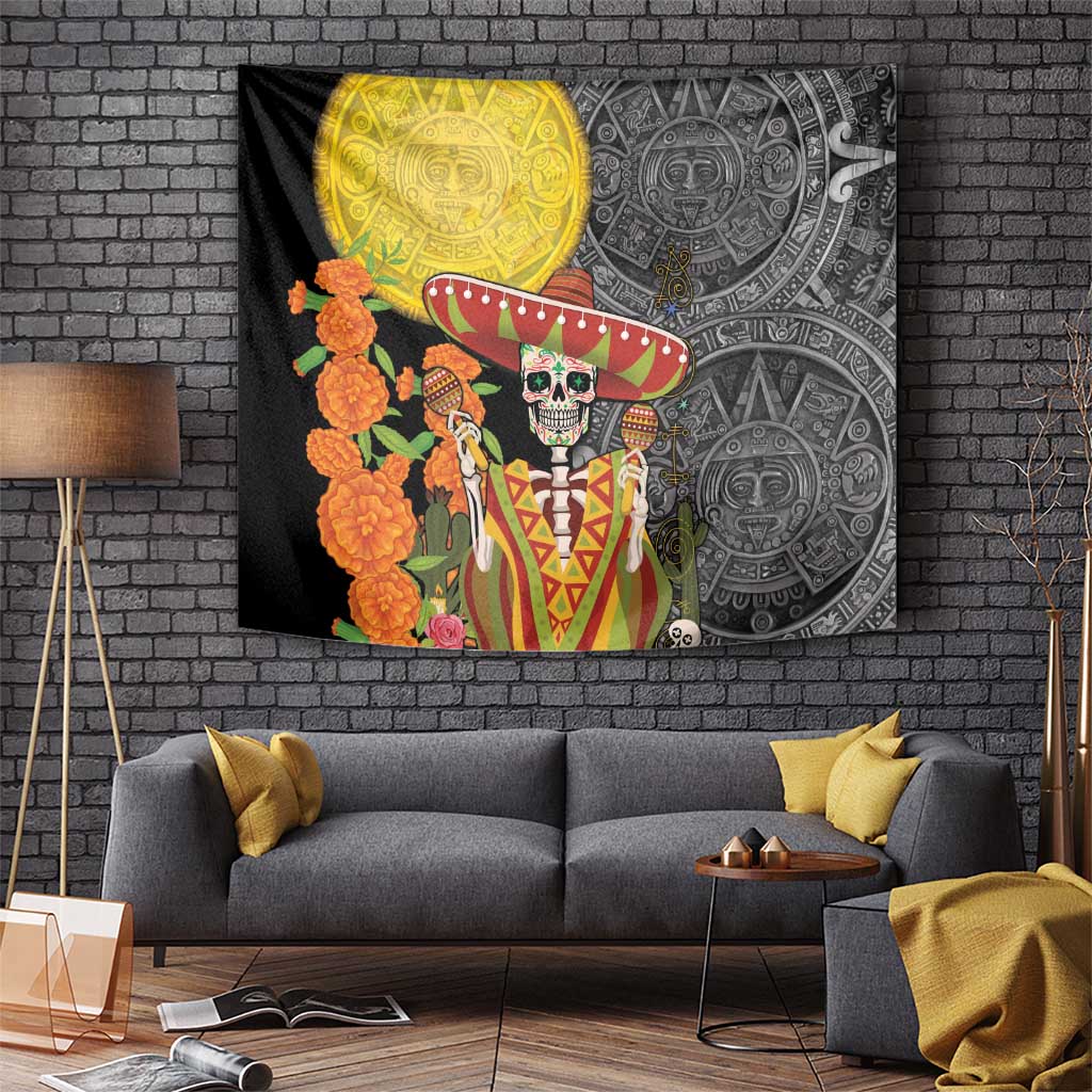 Mexico Dia De Los Muertos Tapestry Sugar Skull Sombrero Aztec Pattern - Wonder Print Shop