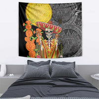 Mexico Dia De Los Muertos Tapestry Sugar Skull Sombrero Aztec Pattern - Wonder Print Shop