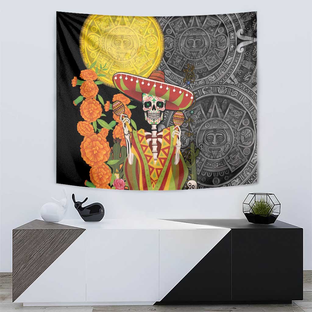 Mexico Dia De Los Muertos Tapestry Sugar Skull Sombrero Aztec Pattern - Wonder Print Shop
