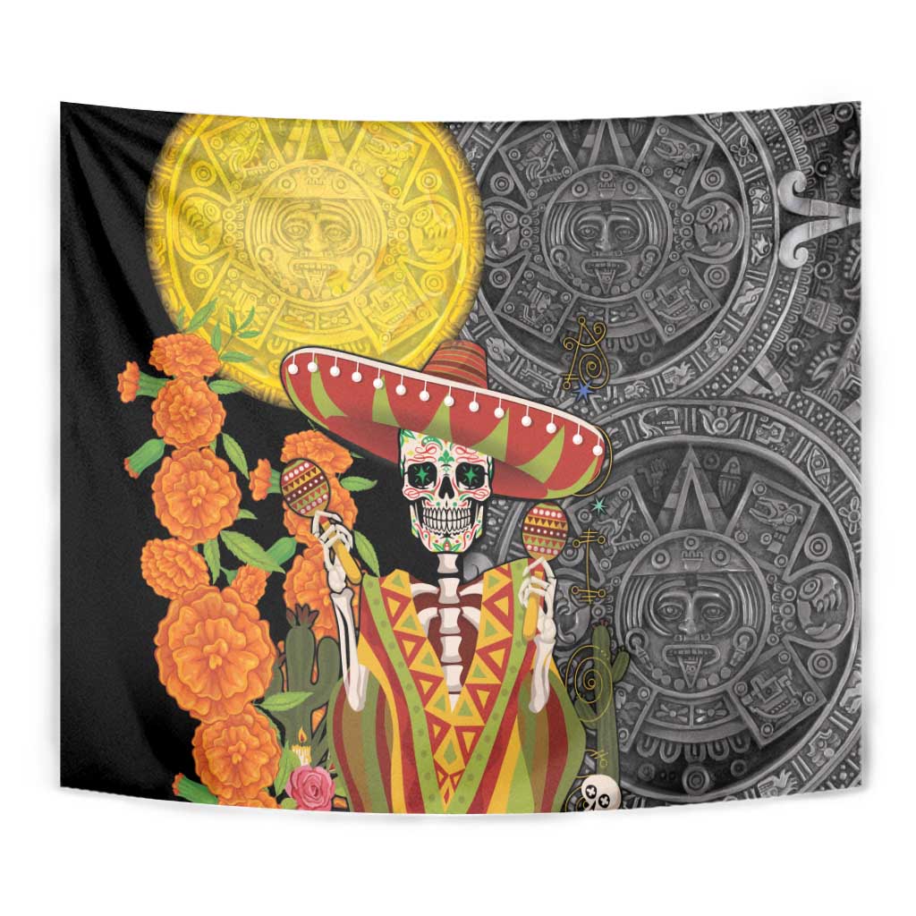 Mexico Dia De Los Muertos Tapestry Sugar Skull Sombrero Aztec Pattern - Wonder Print Shop