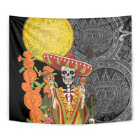 Mexico Dia De Los Muertos Tapestry Sugar Skull Sombrero Aztec Pattern - Wonder Print Shop