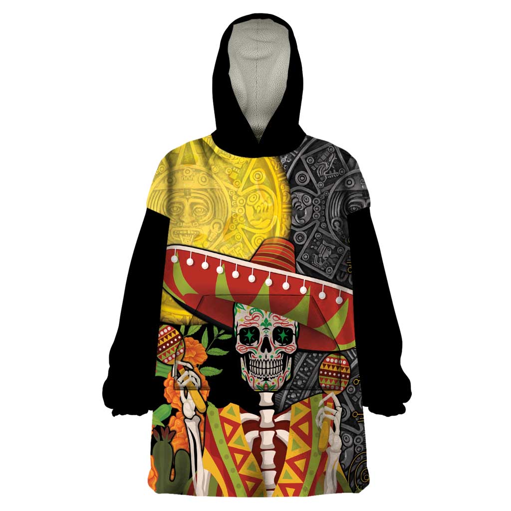 Mexico Dia De Los Muertos Wearable Blanket Hoodie Sugar Skull Sombrero Aztec Pattern - Wonder Print Shop