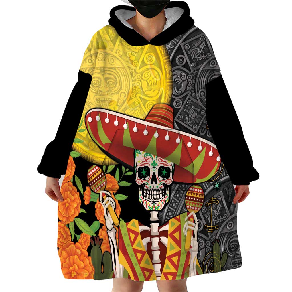 Mexico Dia De Los Muertos Wearable Blanket Hoodie Sugar Skull Sombrero Aztec Pattern - Wonder Print Shop