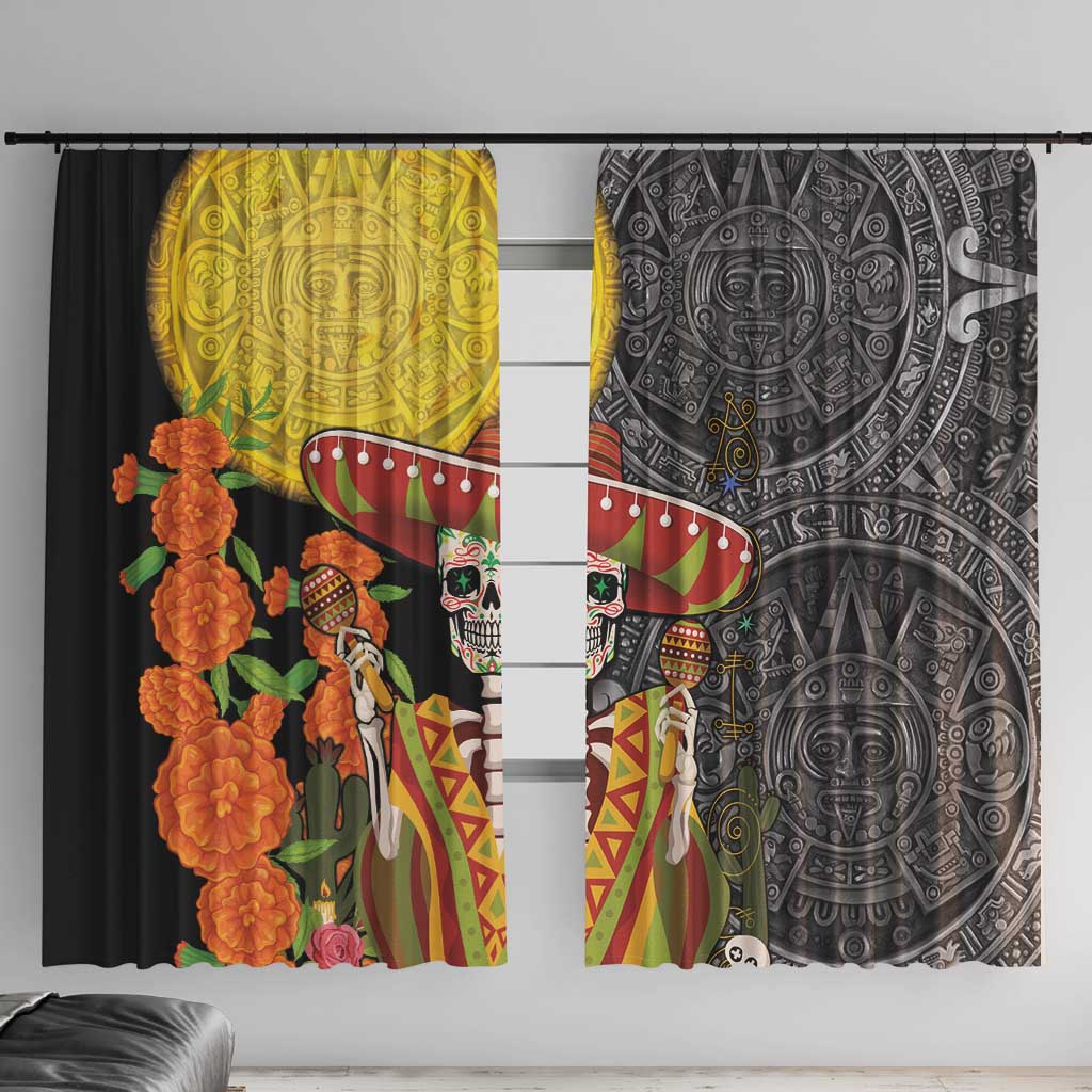 Mexico Dia De Los Muertos Window Curtain Sugar Skull Sombrero Aztec Pattern - Wonder Print Shop