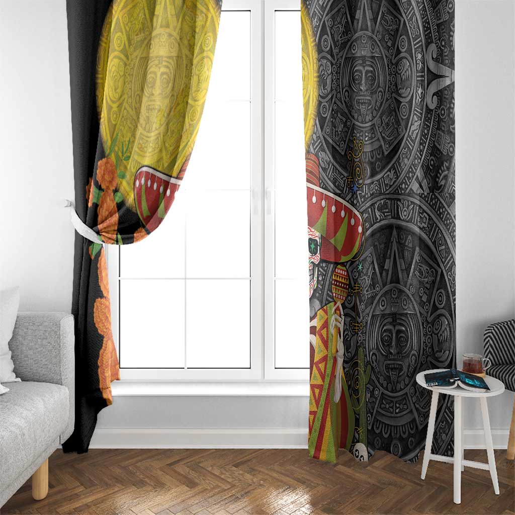 Mexico Dia De Los Muertos Window Curtain Sugar Skull Sombrero Aztec Pattern - Wonder Print Shop