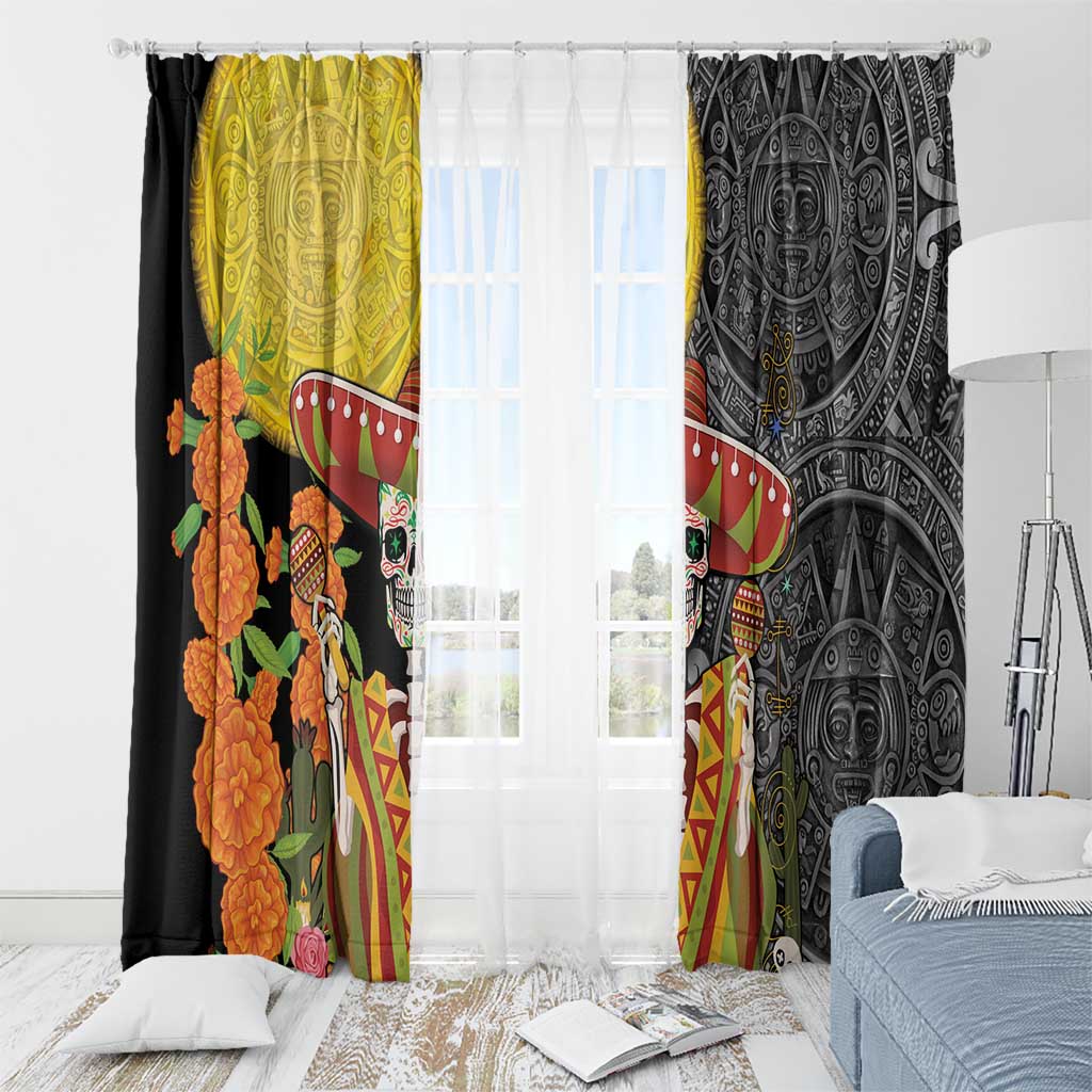 Mexico Dia De Los Muertos Window Curtain Sugar Skull Sombrero Aztec Pattern - Wonder Print Shop