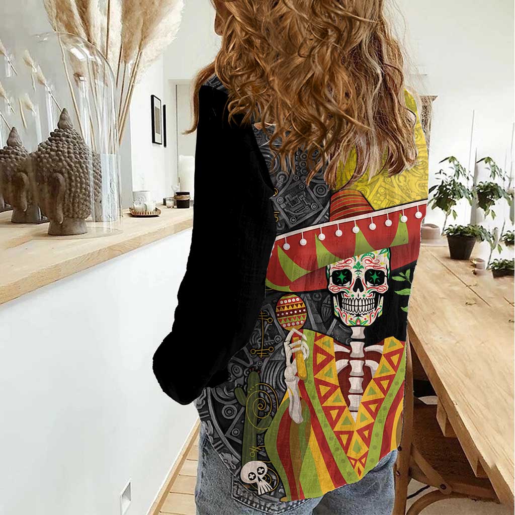 Mexico Dia De Los Muertos Women Casual Shirt Sugar Skull Sombrero Aztec Pattern - Wonder Print Shop