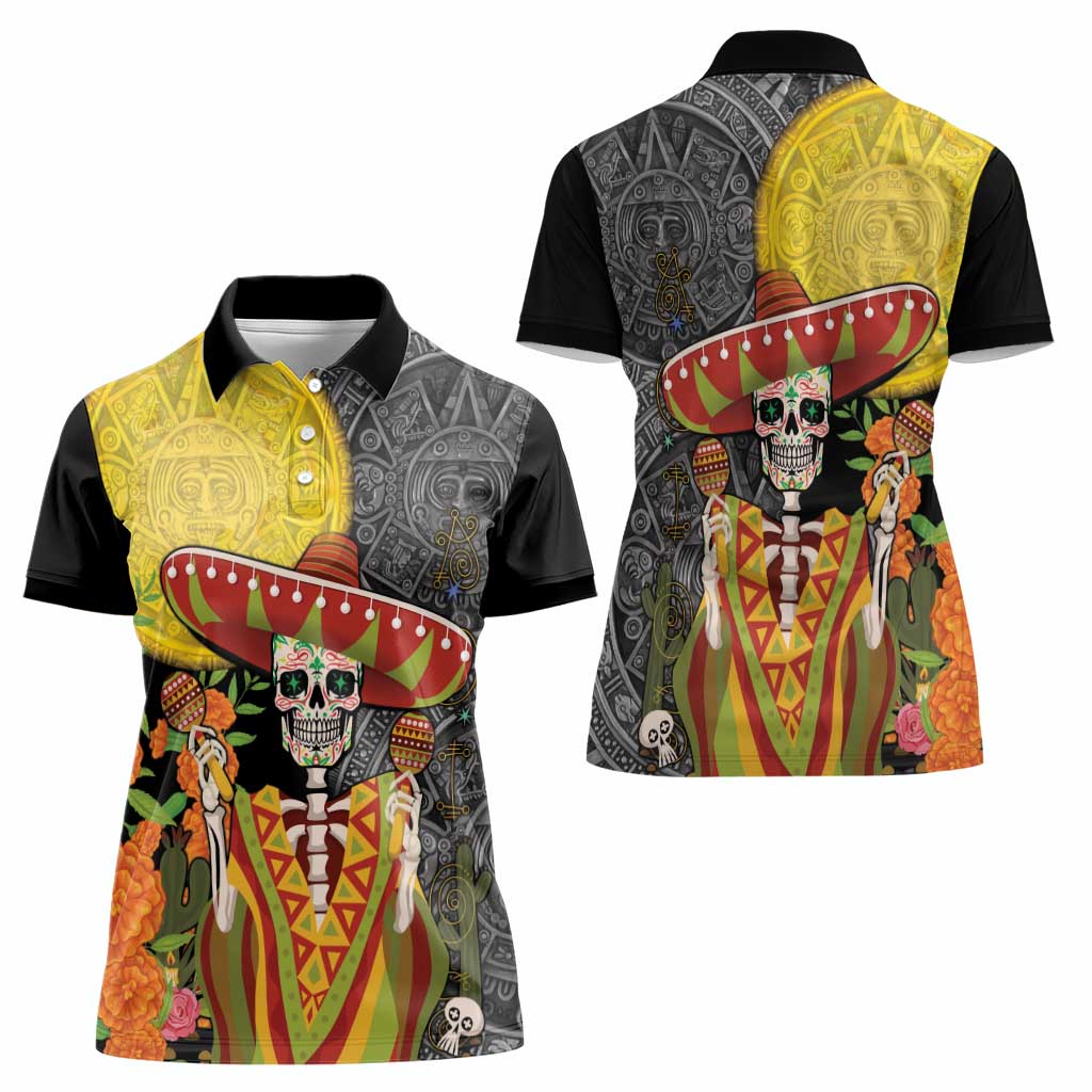 Mexico Dia De Los Muertos Women Polo Shirt Sugar Skull Sombrero Aztec Pattern - Wonder Print Shop