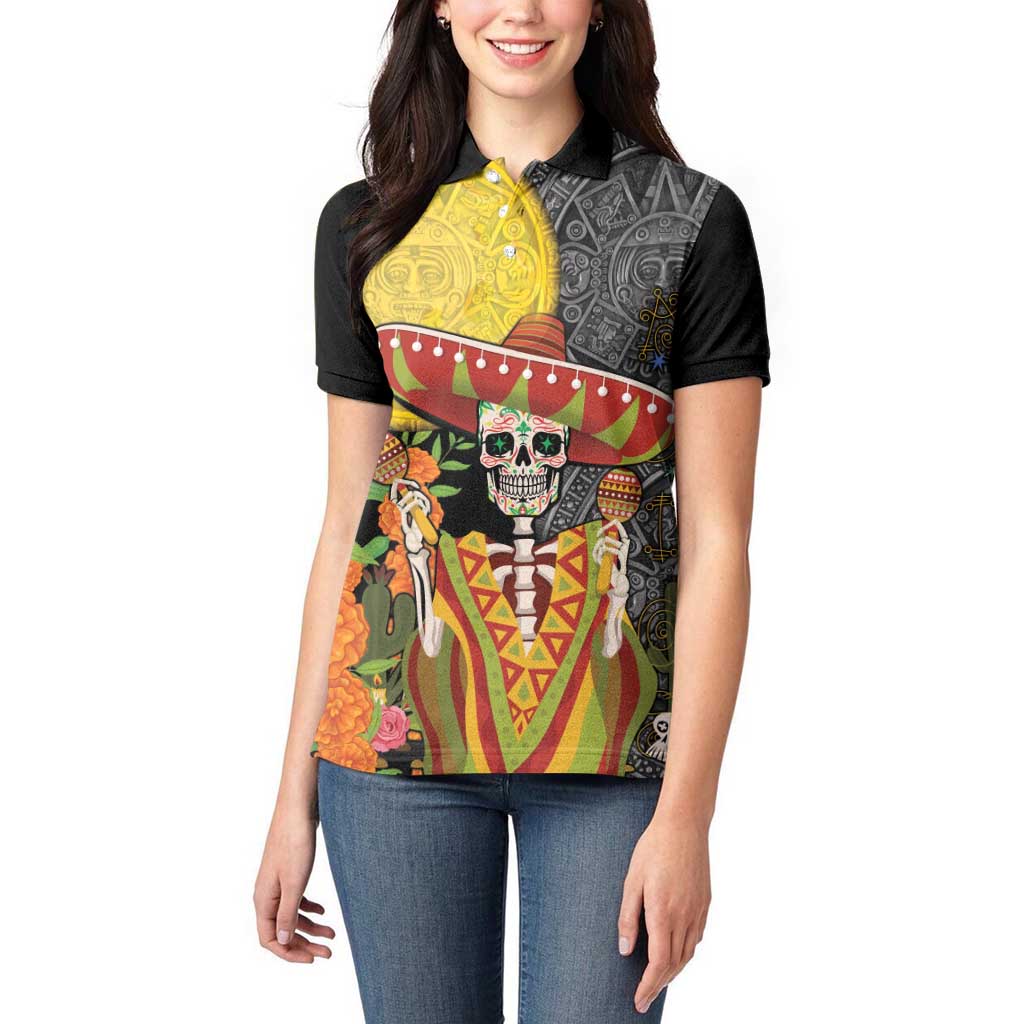 Mexico Dia De Los Muertos Women Polo Shirt Sugar Skull Sombrero Aztec Pattern - Wonder Print Shop