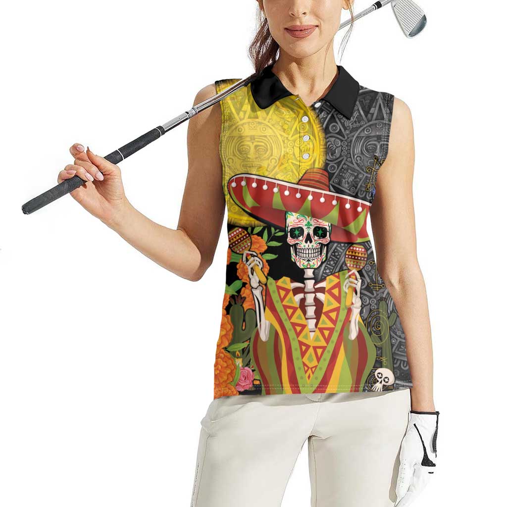 Mexico Dia De Los Muertos Women Sleeveless Polo Shirt Sugar Skull Sombrero Aztec Pattern - Wonder Print Shop