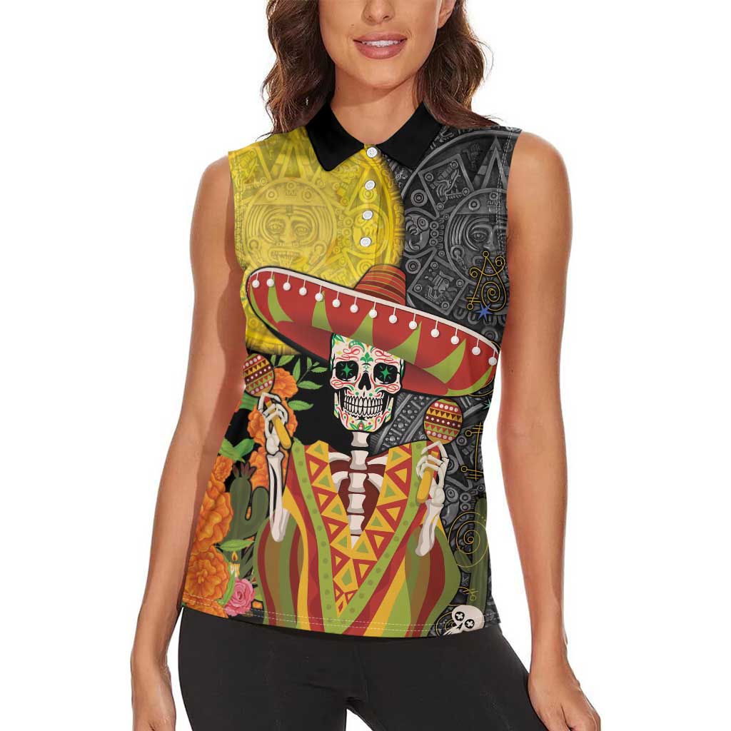 Mexico Dia De Los Muertos Women Sleeveless Polo Shirt Sugar Skull Sombrero Aztec Pattern - Wonder Print Shop