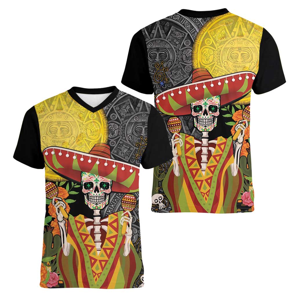 Mexico Dia De Los Muertos Women V-Neck T-Shirt Sugar Skull Sombrero Aztec Pattern - Wonder Print Shop