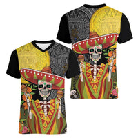 Mexico Dia De Los Muertos Women V-Neck T-Shirt Sugar Skull Sombrero Aztec Pattern - Wonder Print Shop