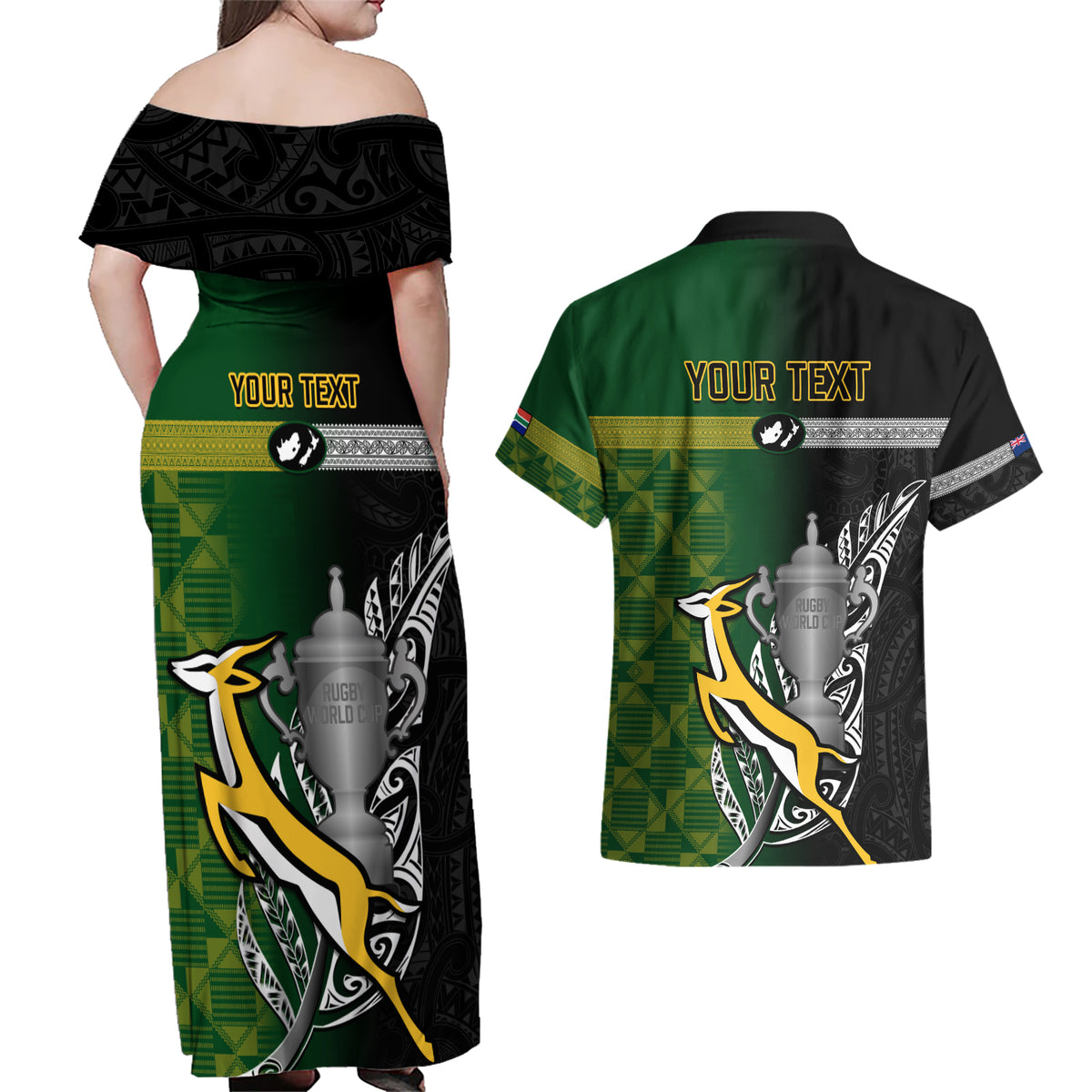 Personalised New Zealand and South Africa Rugby Couples Matching Off Shoulder Maxi Dress and Hawaiian Shirt 2023 World Cup Final All Black Springboks Together - Wonder Print Shop
