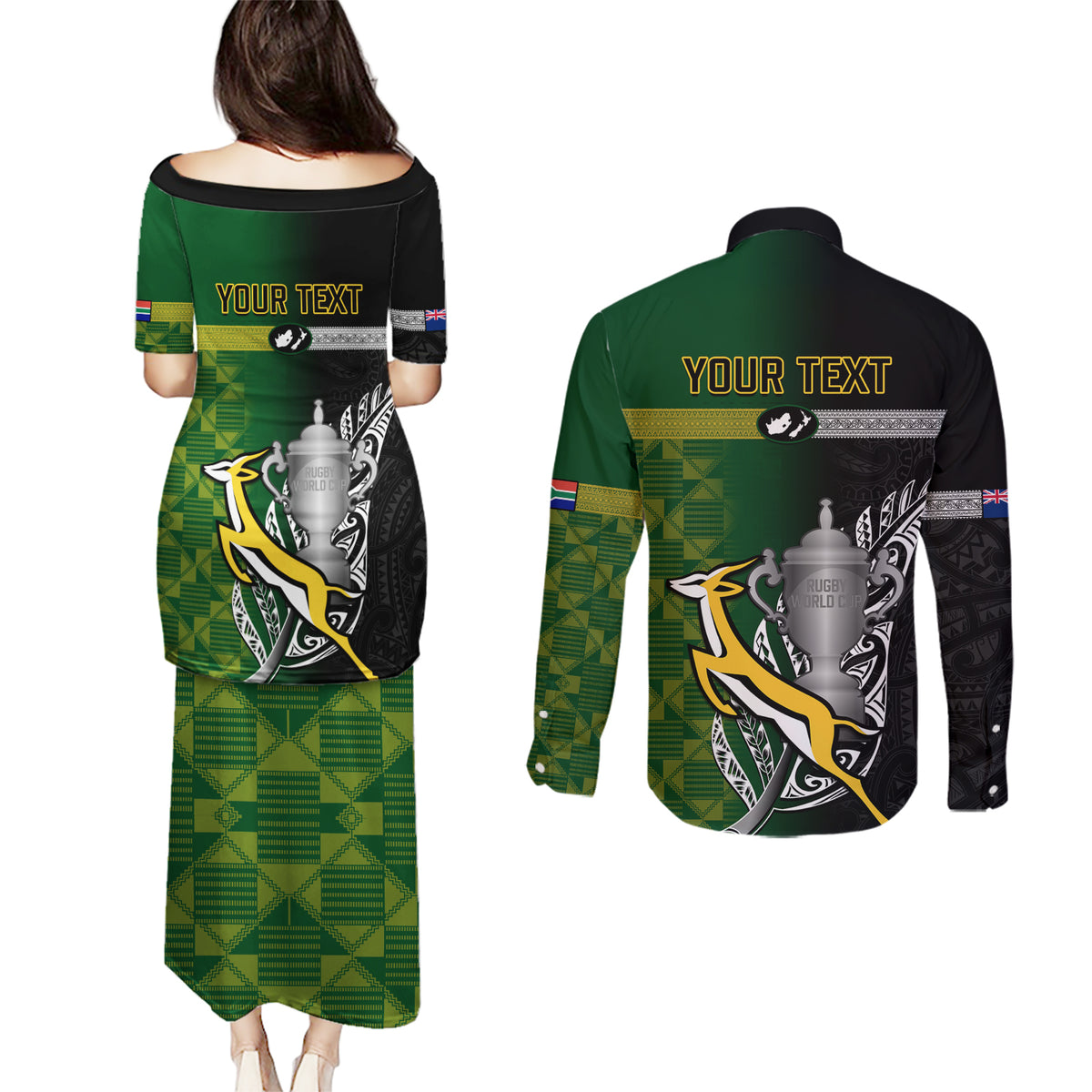 Personalised New Zealand and South Africa Rugby Couples Matching Puletasi Dress and Long Sleeve Button Shirt 2023 World Cup Final All Black Springboks Together - Wonder Print Shop