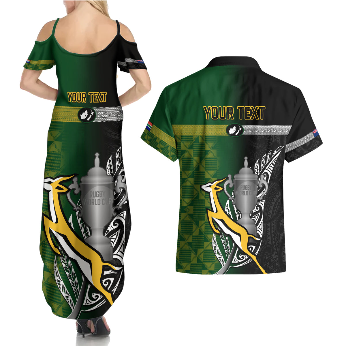 Personalised New Zealand and South Africa Rugby Couples Matching Summer Maxi Dress and Hawaiian Shirt 2023 World Cup Final All Black Springboks Together - Wonder Print Shop