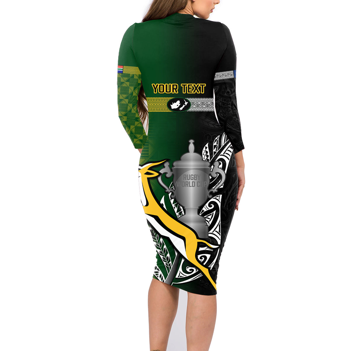 Personalised New Zealand and South Africa Rugby Family Matching Long Sleeve Bodycon Dress and Hawaiian Shirt 2023 World Cup Final All Black Springboks Together - Wonder Print Shop