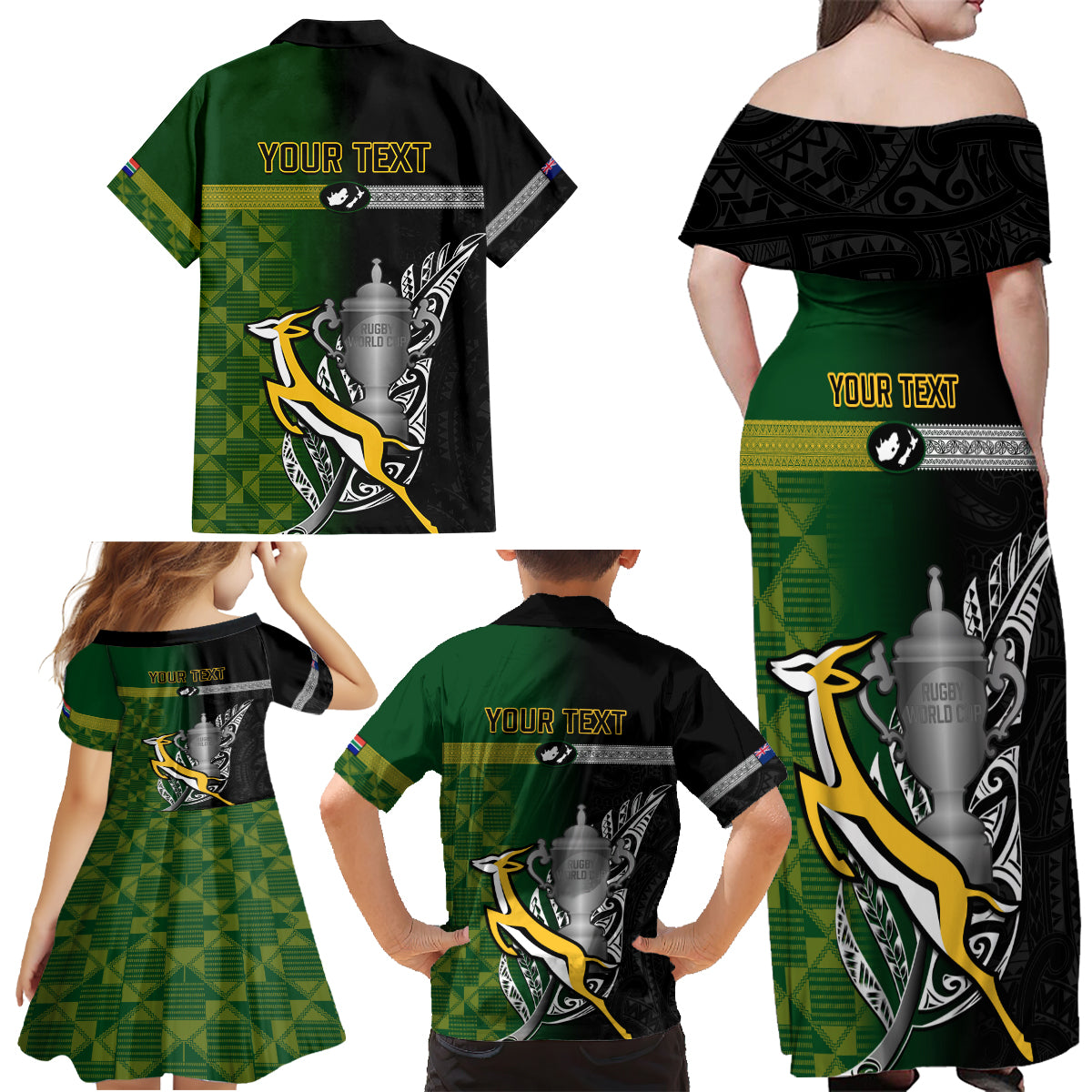 Personalised New Zealand and South Africa Rugby Family Matching Off Shoulder Maxi Dress and Hawaiian Shirt 2023 World Cup Final All Black Springboks Together - Wonder Print Shop
