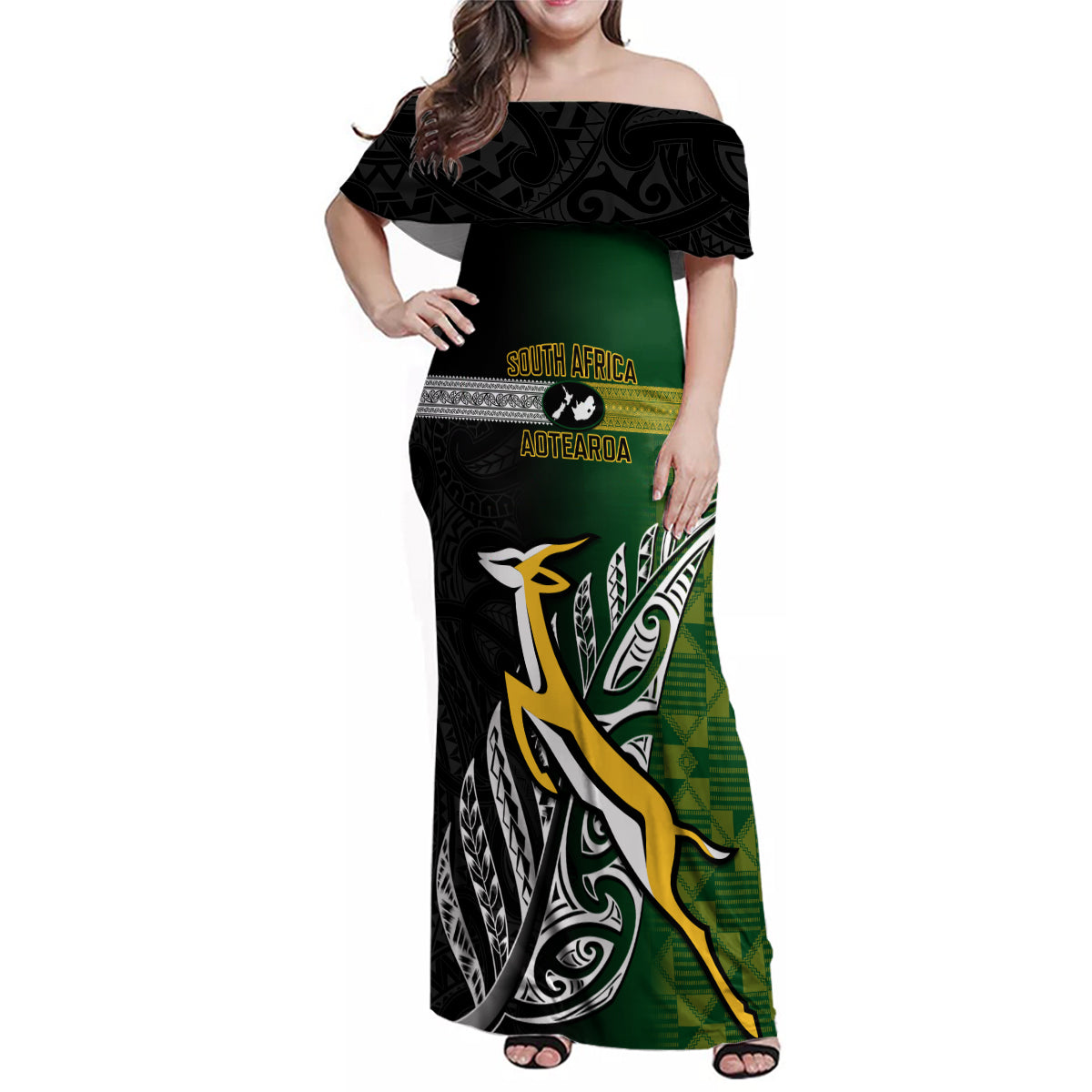 Personalised New Zealand and South Africa Rugby Family Matching Off Shoulder Maxi Dress and Hawaiian Shirt 2023 World Cup Final All Black Springboks Together - Wonder Print Shop