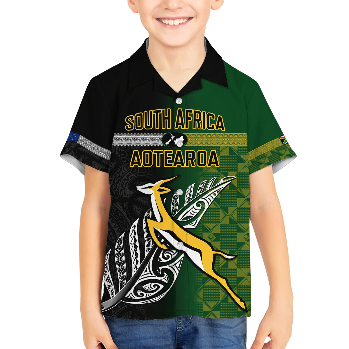 Personalised New Zealand and South Africa Rugby Family Matching Puletasi Dress and Hawaiian Shirt 2023 World Cup Final All Black Springboks Together - Wonder Print Shop