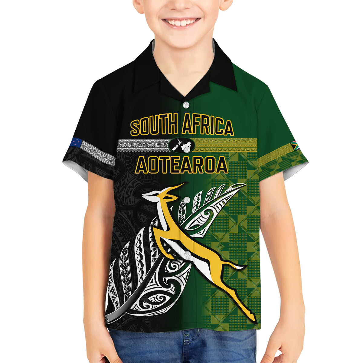 Personalised New Zealand and South Africa Rugby Family Matching Short Sleeve Bodycon Dress and Hawaiian Shirt 2023 World Cup Final All Black Springboks Together - Wonder Print Shop