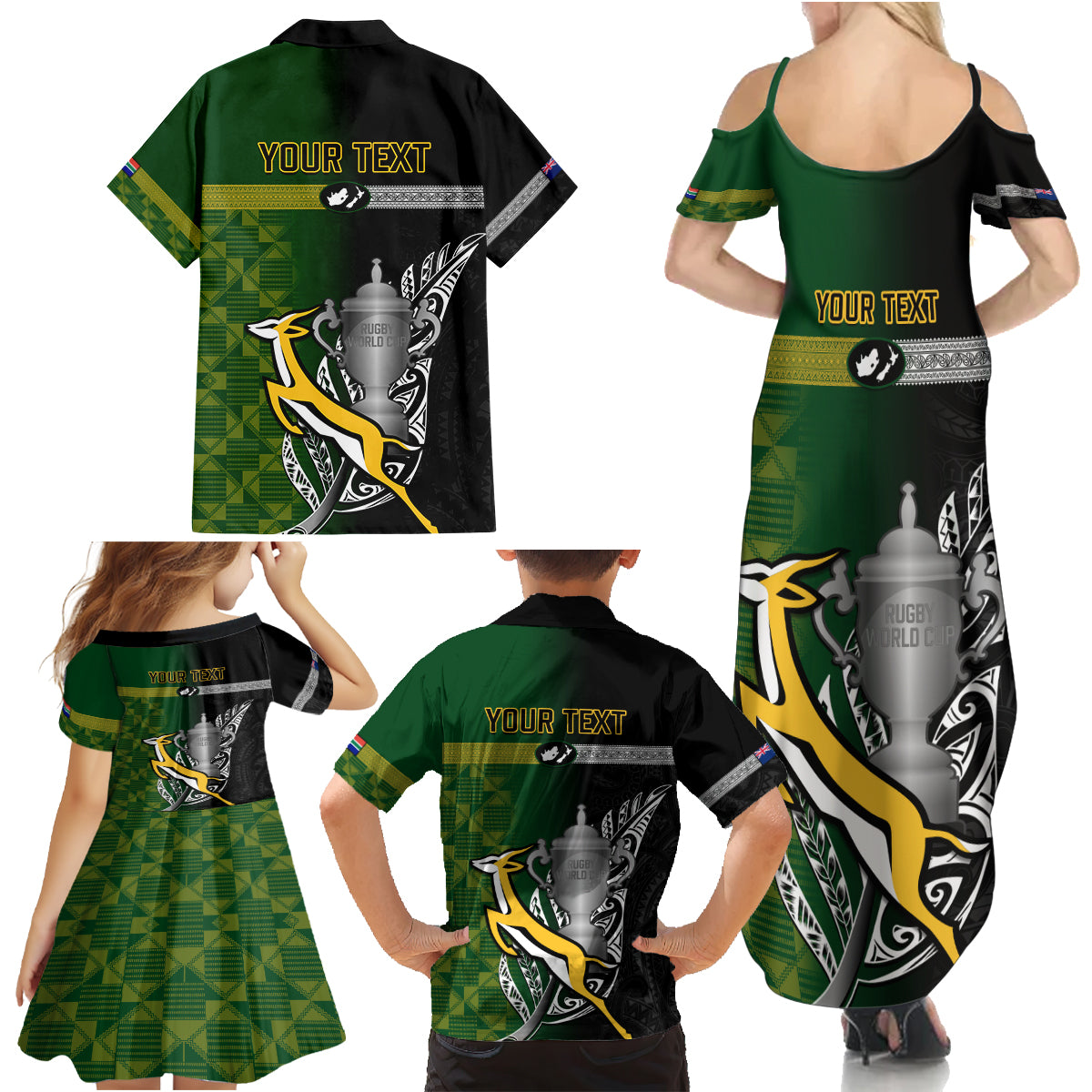 Personalised New Zealand and South Africa Rugby Family Matching Summer Maxi Dress and Hawaiian Shirt 2023 World Cup Final All Black Springboks Together - Wonder Print Shop