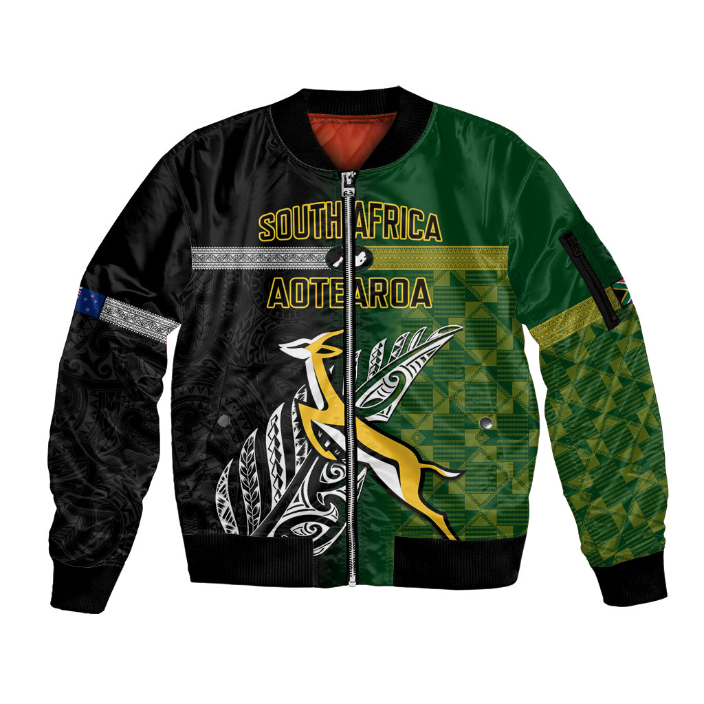 Personalised New Zealand and South Africa Rugby Sleeve Zip Bomber Jacket 2023 World Cup Final All Black Springboks Together - Wonder Print Shop
