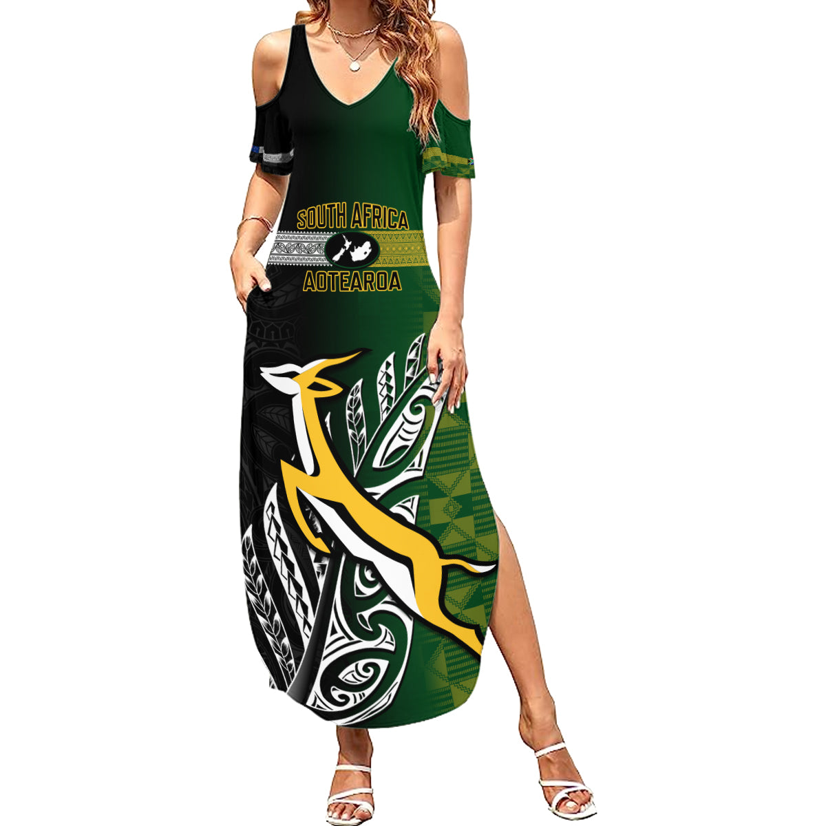 Personalised New Zealand and South Africa Rugby Summer Maxi Dress 2023 World Cup Final All Black Springboks Together - Wonder Print Shop