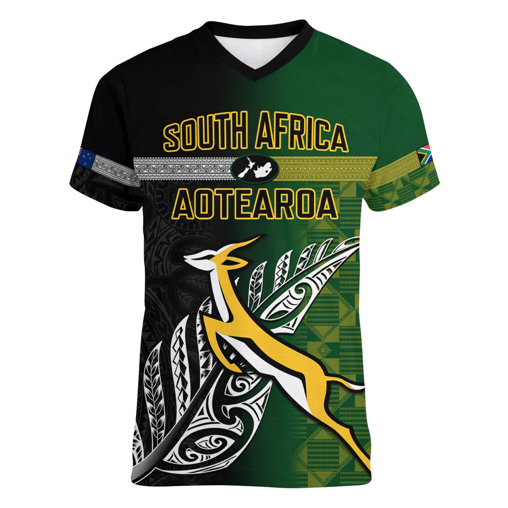 Personalised New Zealand and South Africa Rugby Women V Neck T Shirt 2023 World Cup Final All Black Springboks Together - Wonder Print Shop