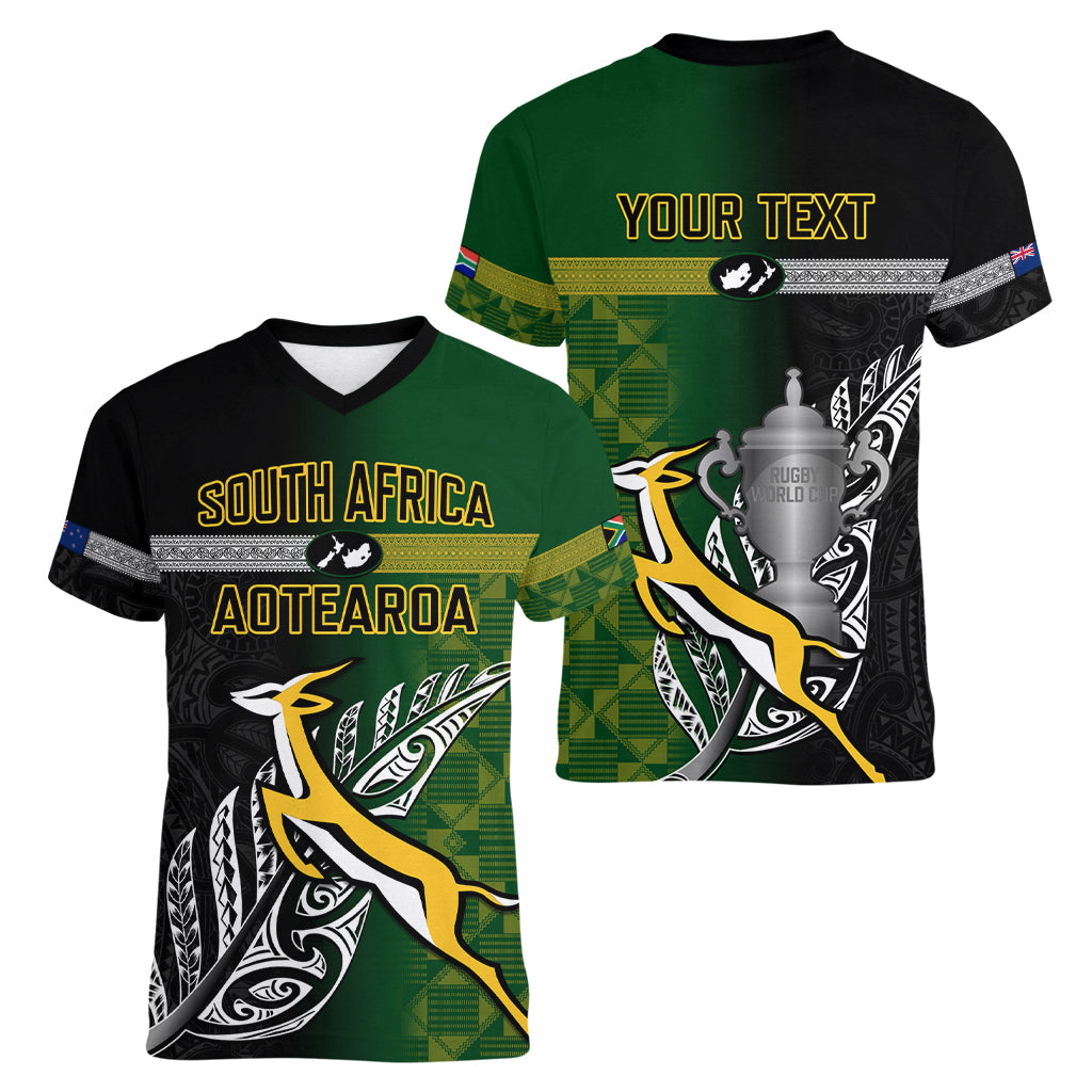 Personalised New Zealand and South Africa Rugby Women V Neck T Shirt 2023 World Cup Final All Black Springboks Together - Wonder Print Shop