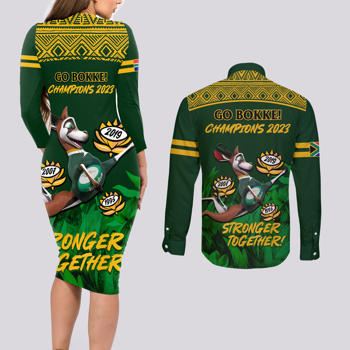 South Africa Rugby Couples Matching Long Sleeve Bodycon Dress and Long Sleeve Button Shirt Go Bokke World Cup Champions History - Wonder Print Shop
