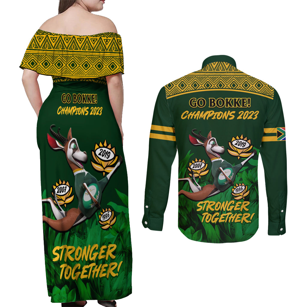 South Africa Rugby Couples Matching Off Shoulder Maxi Dress and Long Sleeve Button Shirt Go Bokke World Cup Champions History - Wonder Print Shop