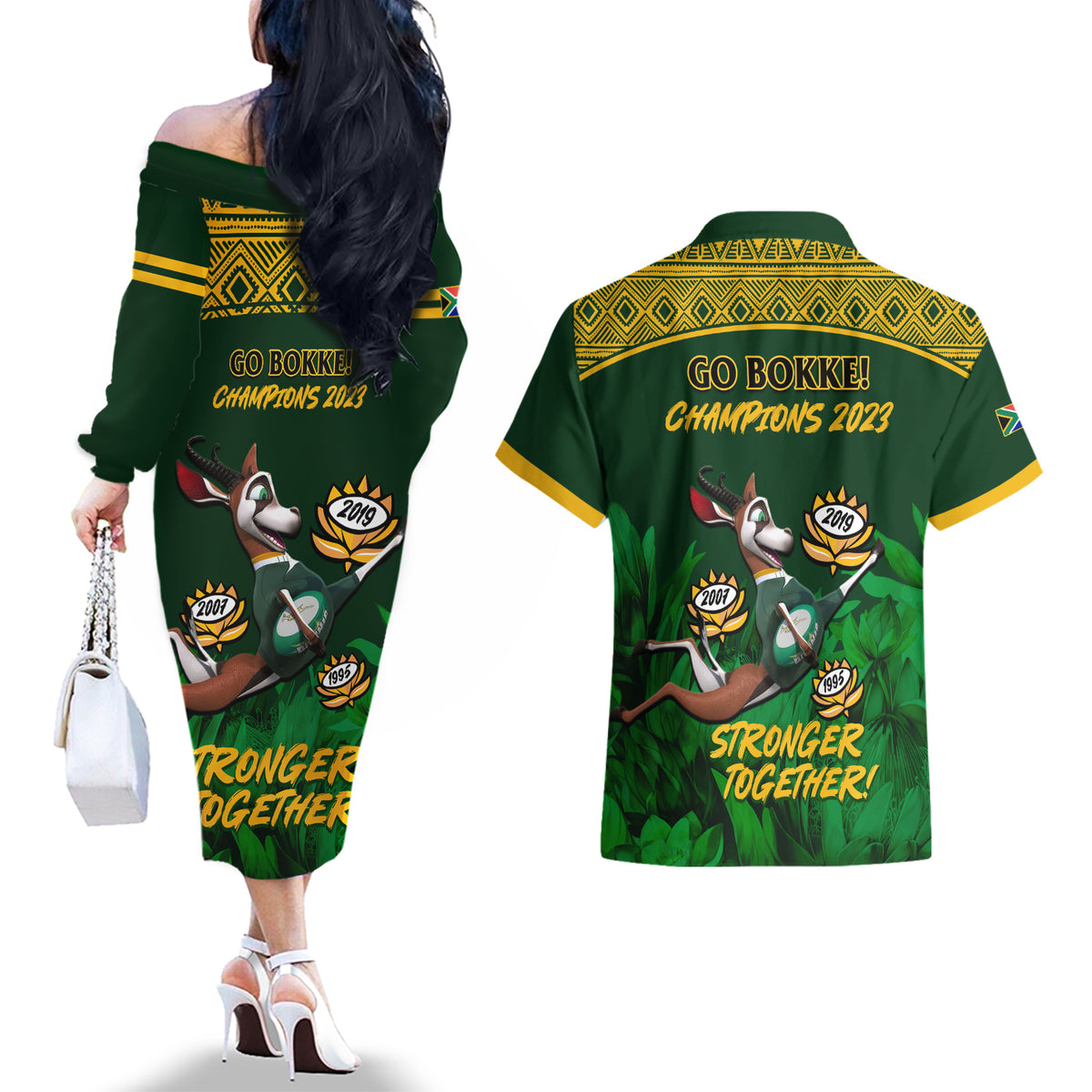 South Africa Rugby Couples Matching Off The Shoulder Long Sleeve Dress and Hawaiian Shirt Go Bokke World Cup Champions History - Wonder Print Shop