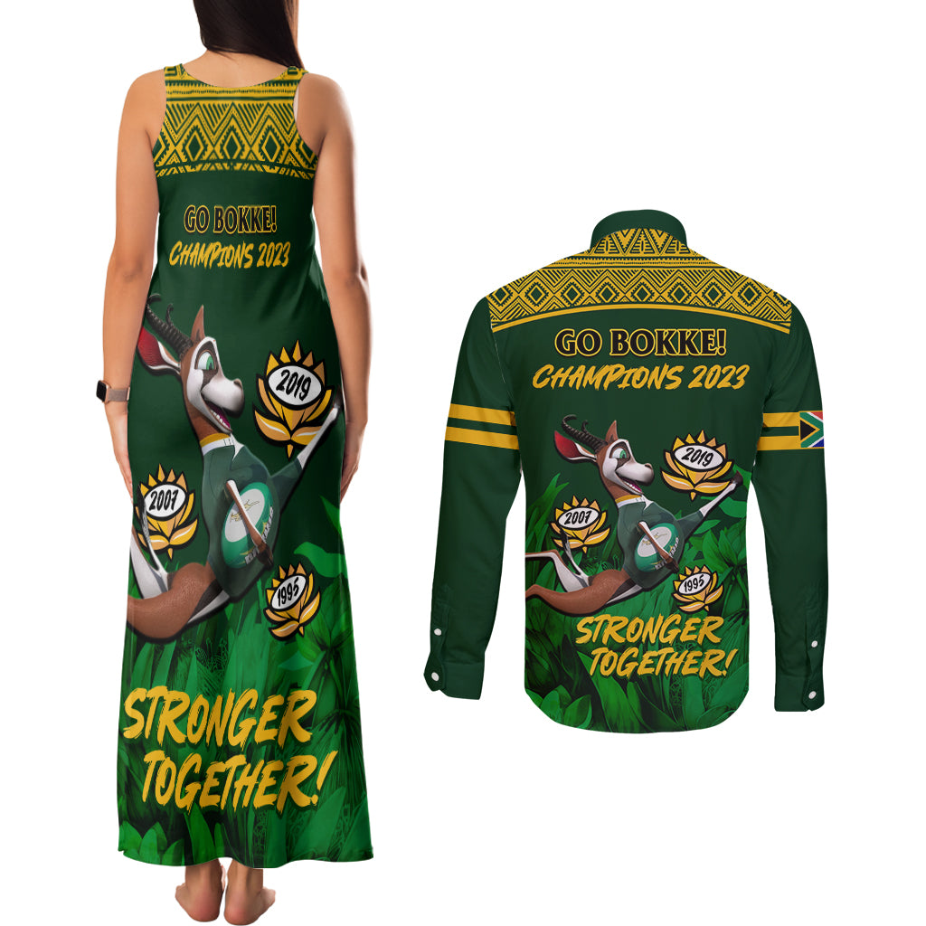 South Africa Rugby Couples Matching Tank Maxi Dress and Long Sleeve Button Shirt Go Bokke World Cup Champions History - Wonder Print Shop