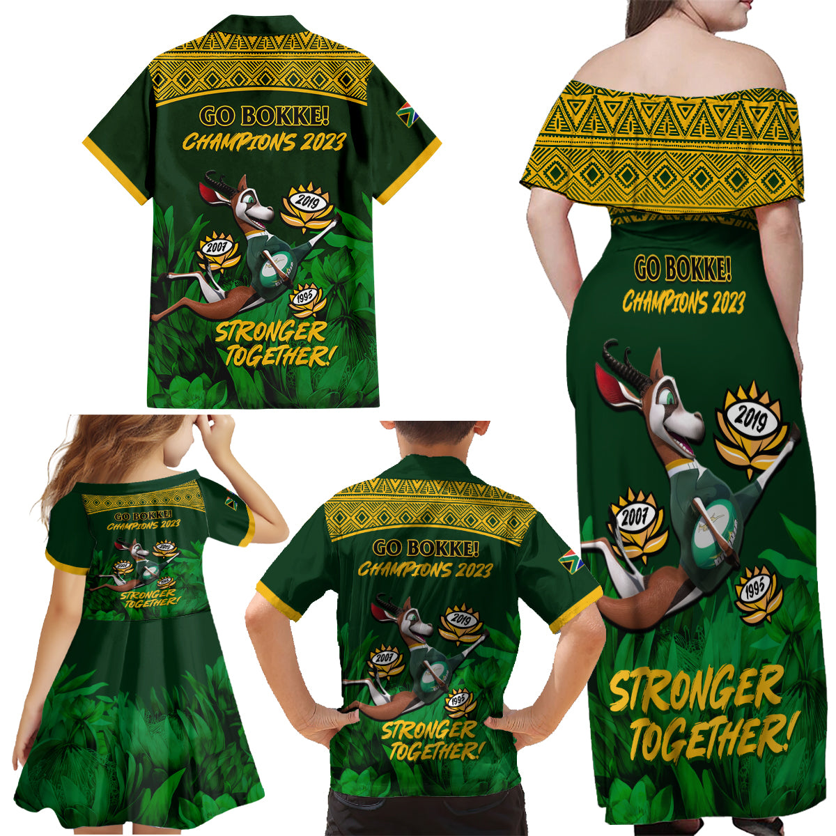 South Africa Rugby Family Matching Off Shoulder Maxi Dress and Hawaiian Shirt Go Bokke World Cup Champions History - Wonder Print Shop