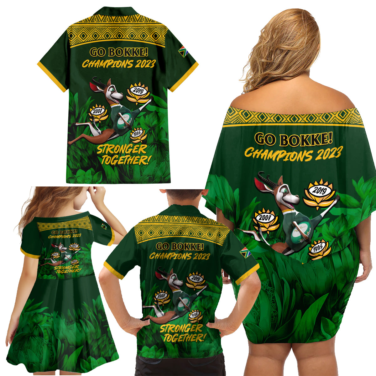 South Africa Rugby Family Matching Off Shoulder Short Dress and Hawaiian Shirt Go Bokke World Cup Champions History - Wonder Print Shop