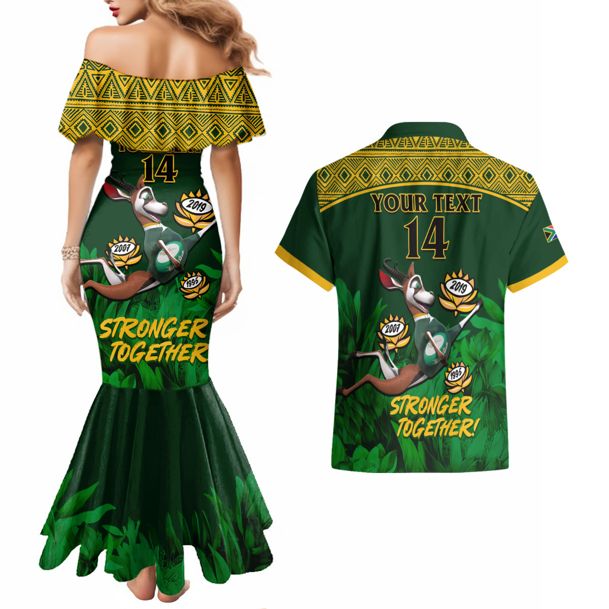 Custom South Africa Rugby Couples Matching Mermaid Dress and Hawaiian Shirt Go Bokke World Cup Champions History - Wonder Print Shop