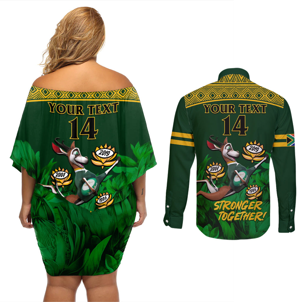 Custom South Africa Rugby Couples Matching Off Shoulder Short Dress and Long Sleeve Button Shirt Go Bokke World Cup Champions History - Wonder Print Shop