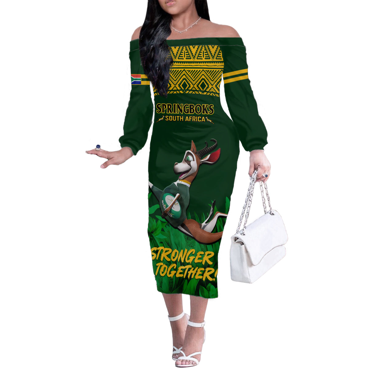 Custom South Africa Rugby Family Matching Off Shoulder Long Sleeve Dress and Hawaiian Shirt Go Bokke World Cup Champions History - Wonder Print Shop