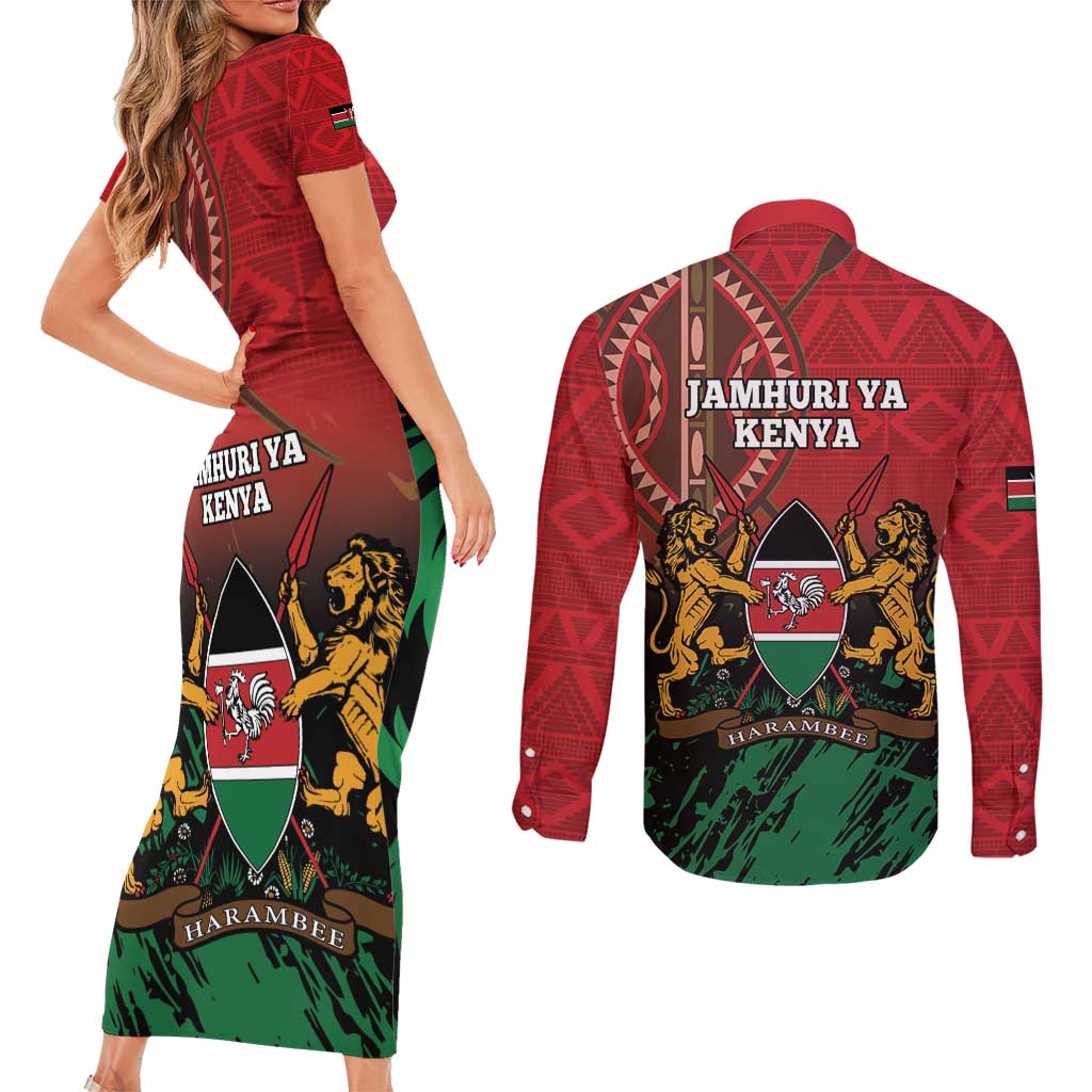 Kenya Independence Day Couples Matching Short Sleeve Bodycon Dress and Long Sleeve Button Shirt Jamhuri ya Kenya 1963 - African Pattern - Wonder Print Shop
