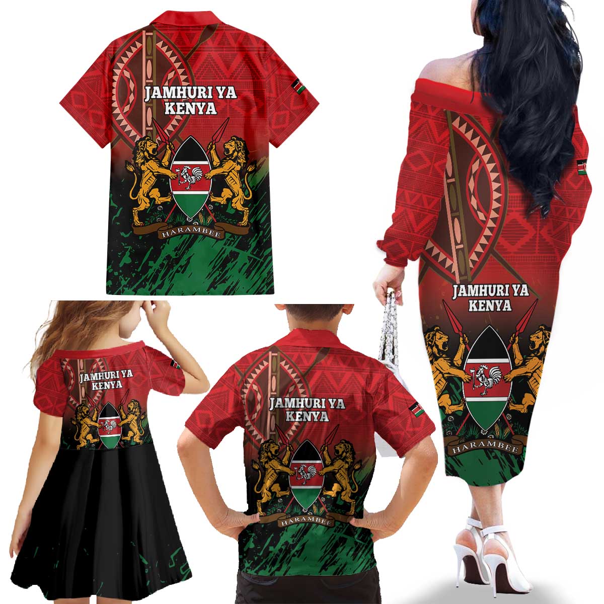 Kenya Independence Day Family Matching Off The Shoulder Long Sleeve Dress and Hawaiian Shirt Jamhuri ya Kenya 1963 - African Pattern - Wonder Print Shop