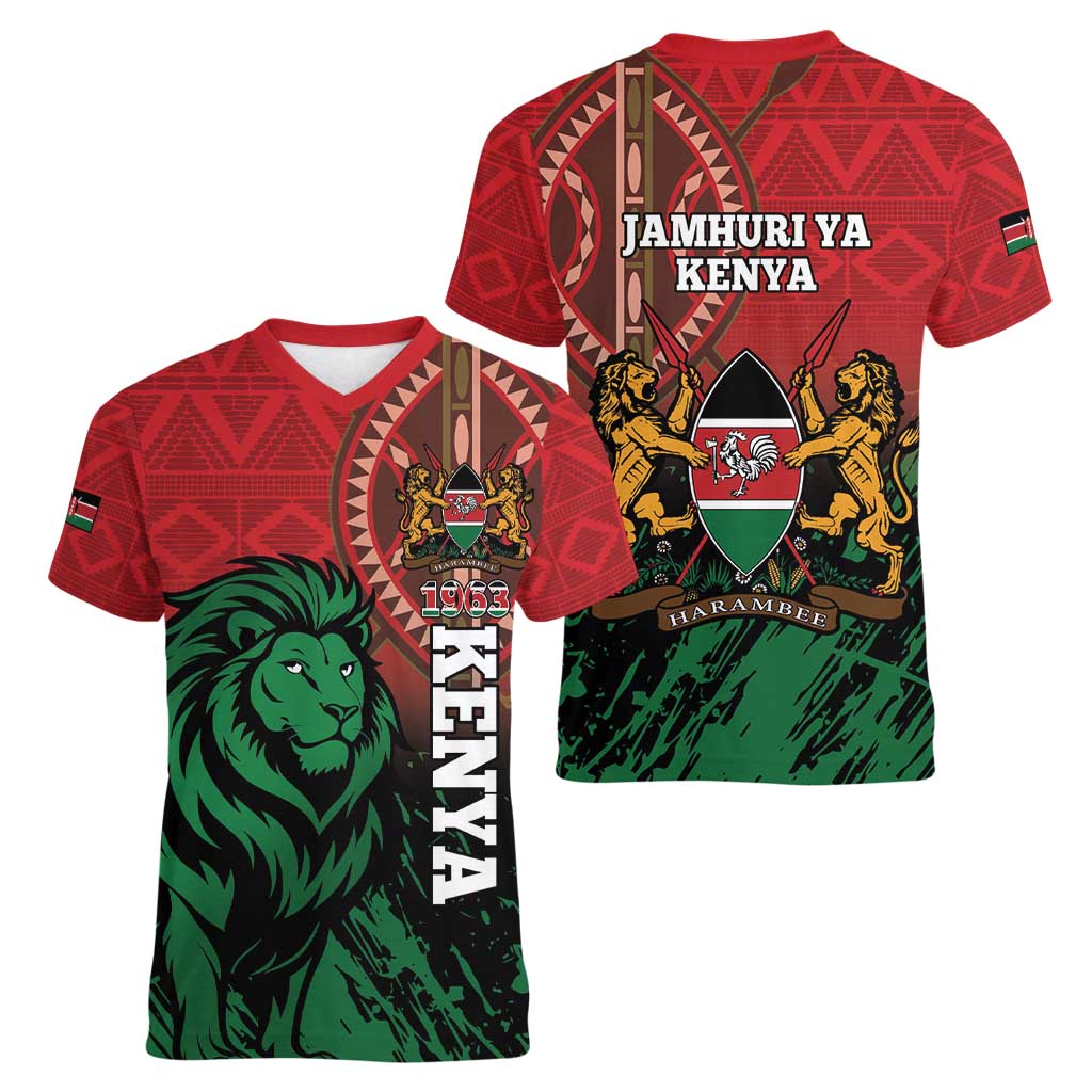 Kenya Independence Day Women V-Neck T-Shirt Jamhuri ya Kenya 1963 - African Pattern - Wonder Print Shop