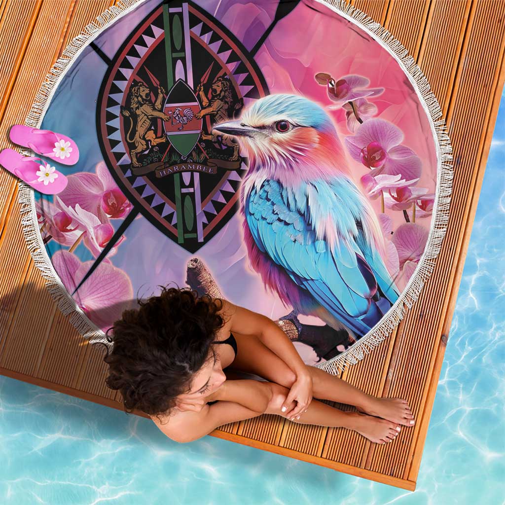 Kenya Lilac-Breasted Roller Beach Blanket Coat Of Arms Mix Orchid - Wonder Print Shop